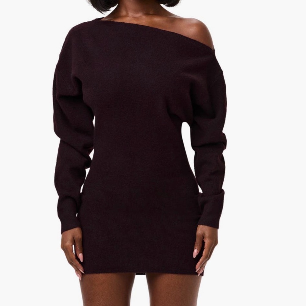 Naked‎ Wardrobe One-Shoulder Long Sleeve Mini Sweater Dress in burgundy